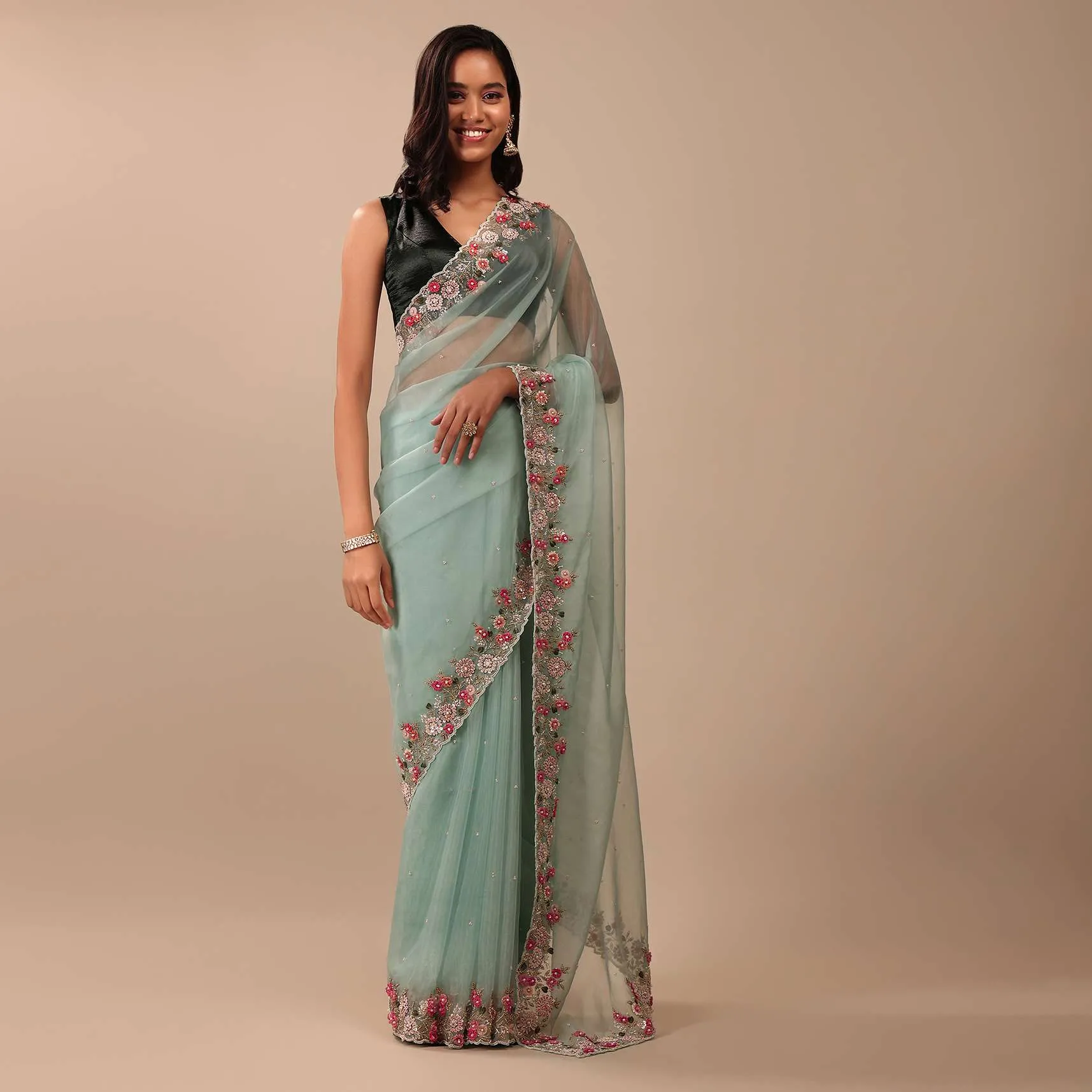 Aqua Blue Saree In Organza With 3D Floral Embroidery In Thread, Zardosi & French Knots