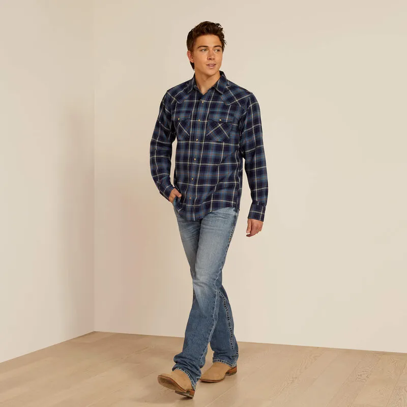 Ariat Men's Hugo L/S Retro Fit Western Snap Shirt in Maritime Blue Plaid