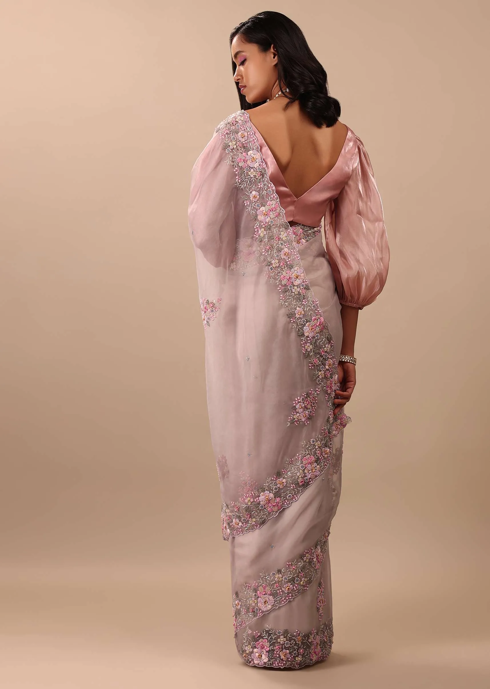Ash Purple Saree In Organza With Floral Embroidery In Moti, Thread & Cut Dana