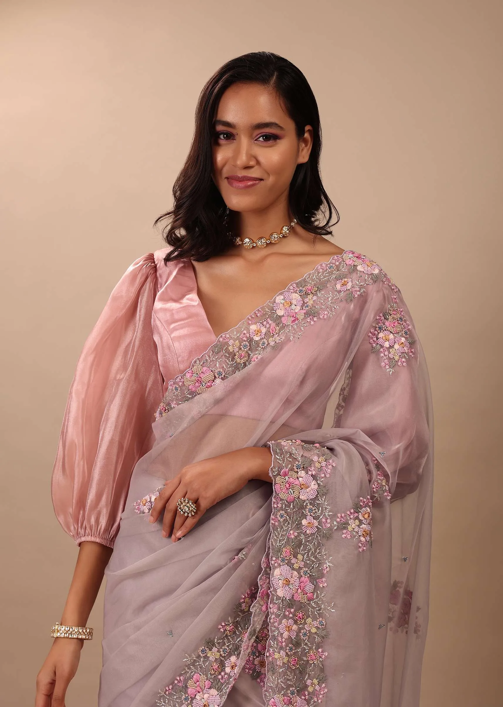 Ash Purple Saree In Organza With Floral Embroidery In Moti, Thread & Cut Dana