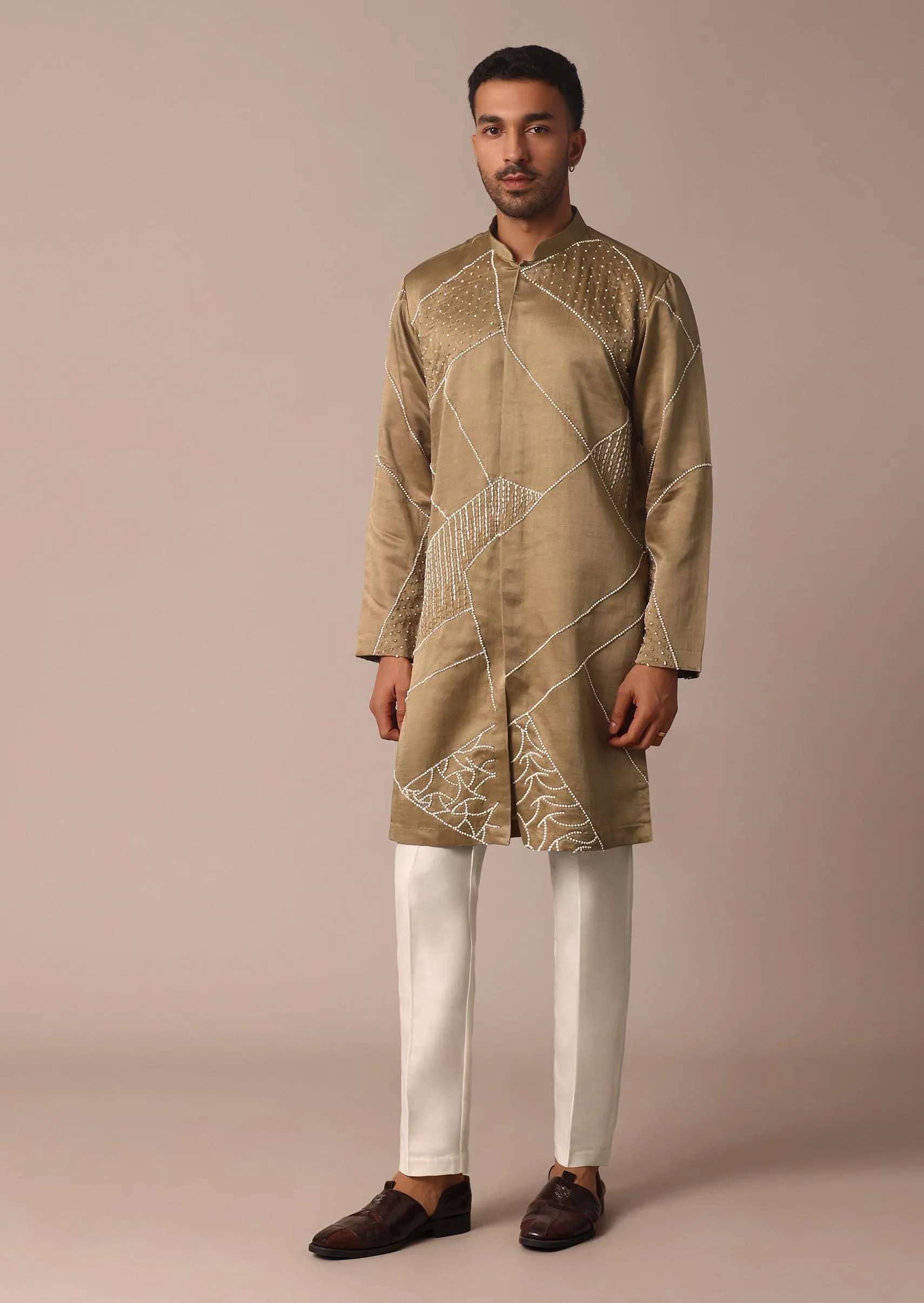 Beige Silk Kurta Set With Intricate Handwork
