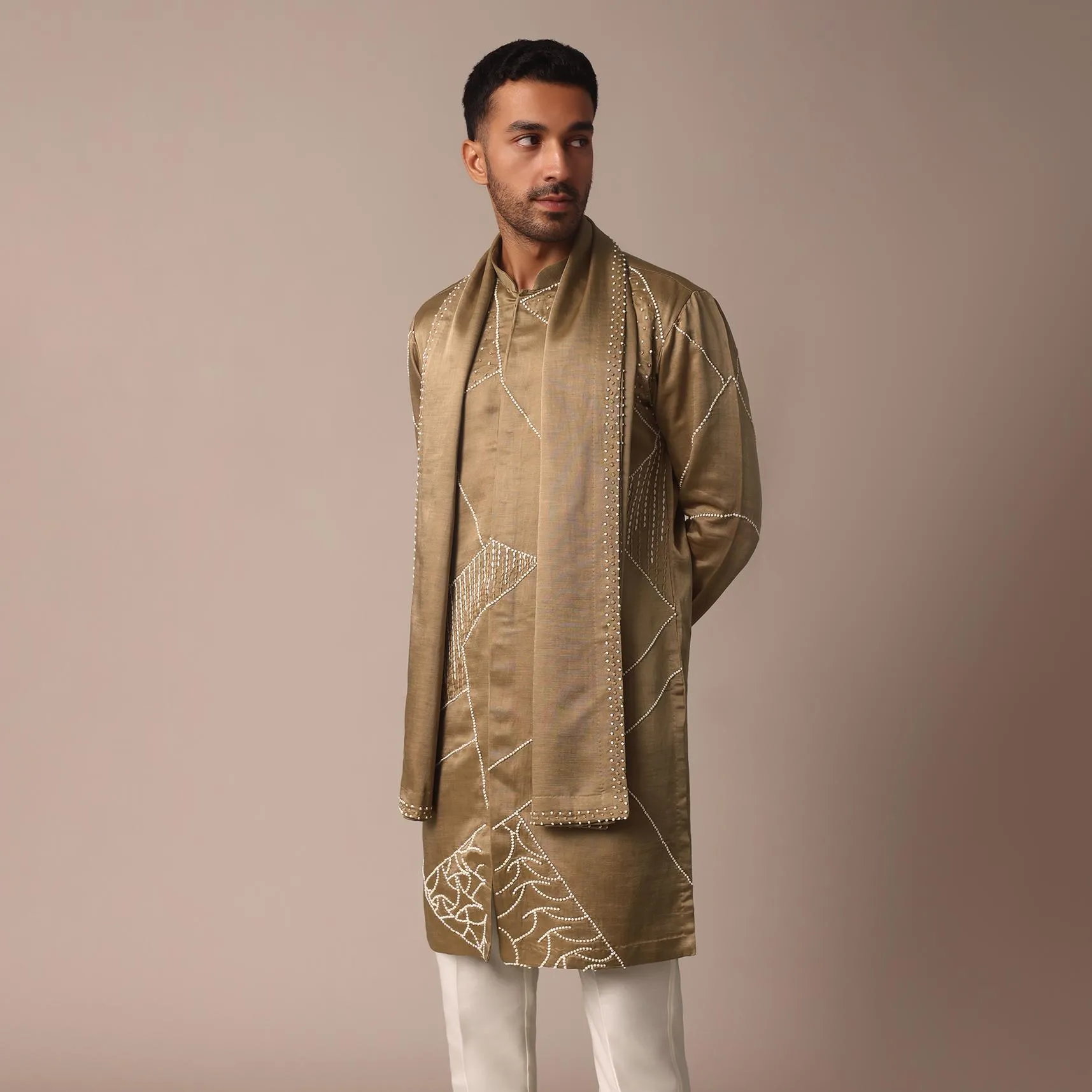 Beige Silk Kurta Set With Intricate Handwork