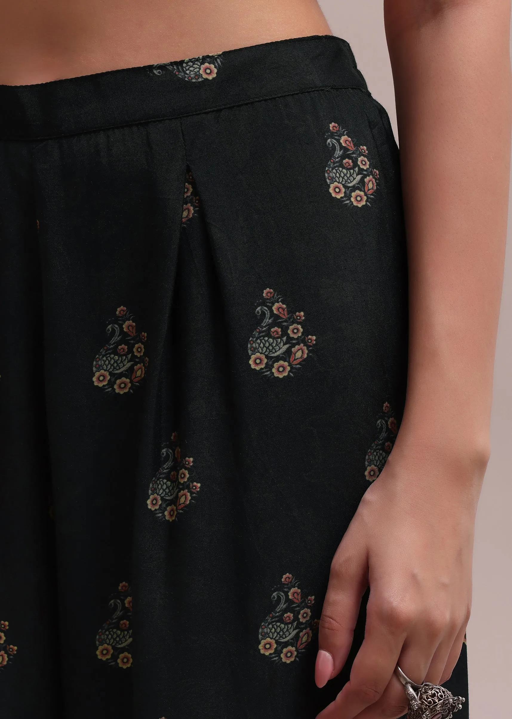 Black Printed Silk Kaftan And Palazzo Co-ord Set With Sequins Embroidery