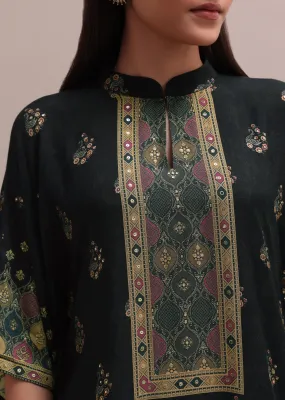 Black Printed Silk Kaftan And Palazzo Co-ord Set With Sequins Embroidery
