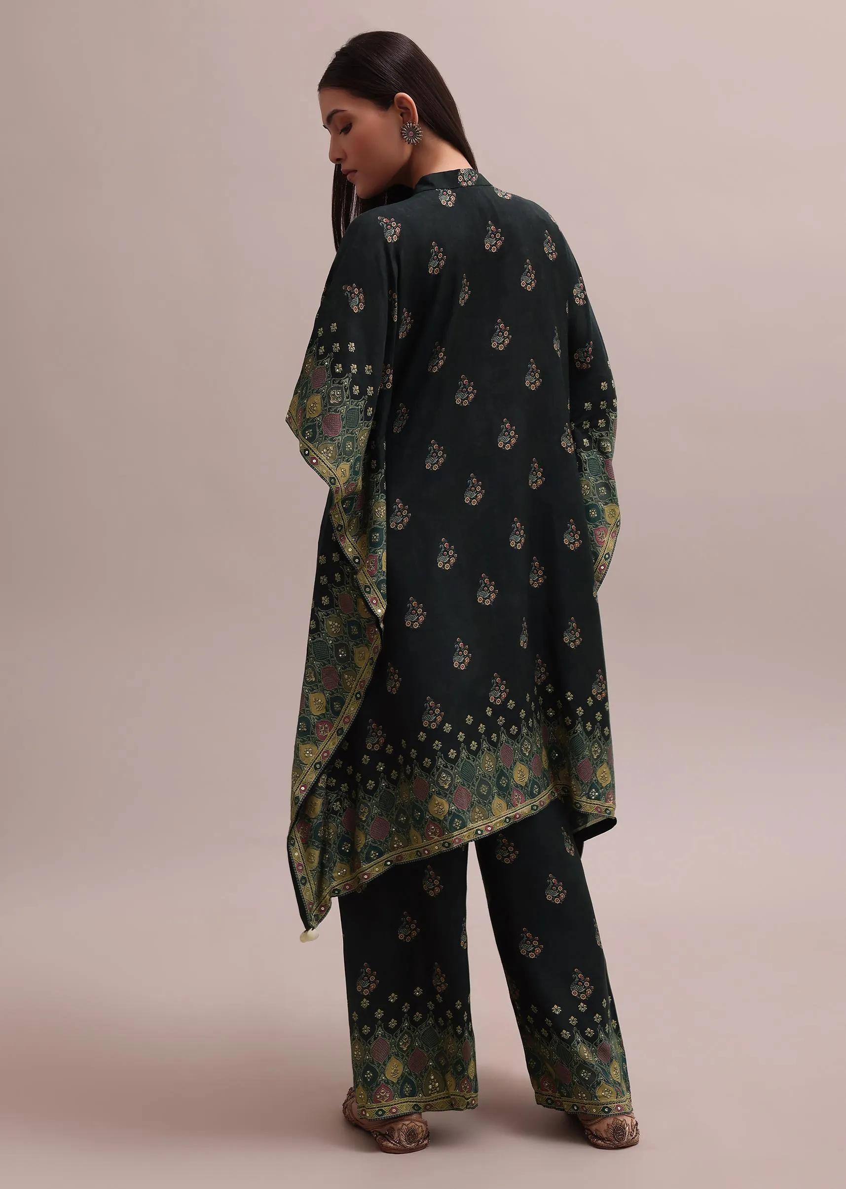 Black Printed Silk Kaftan And Palazzo Co-ord Set With Sequins Embroidery