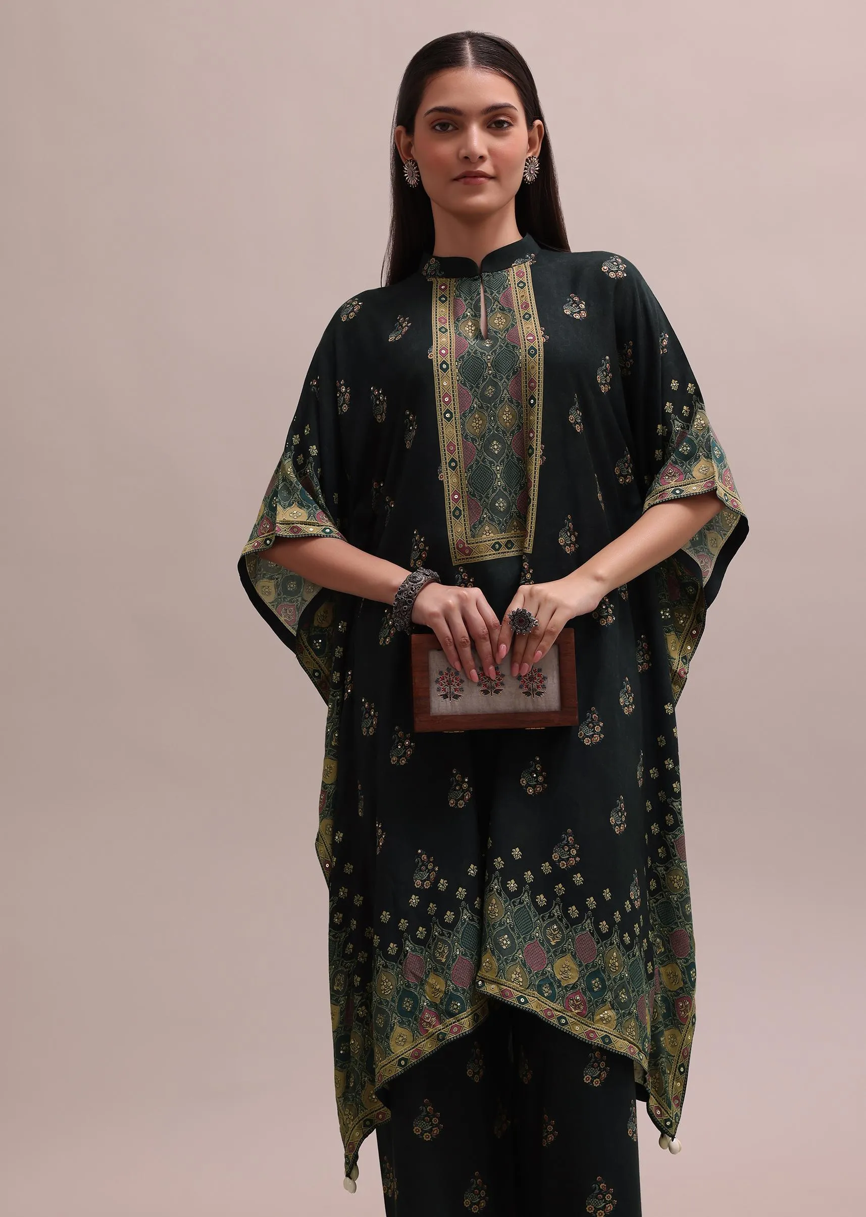 Black Printed Silk Kaftan And Palazzo Co-ord Set With Sequins Embroidery
