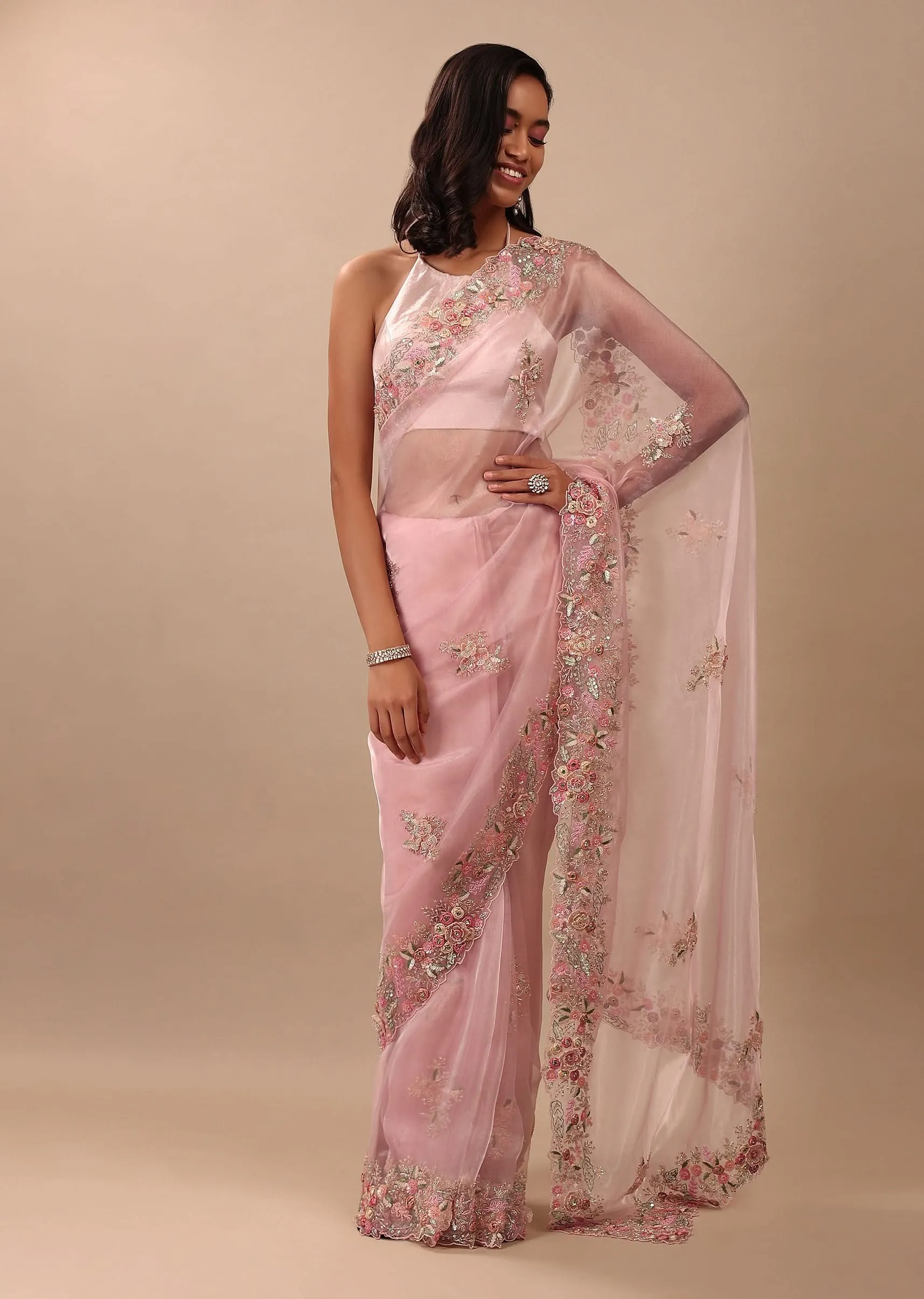 Blush Pink Saree In Glass Tissue With 3D Floral Embroidery In Moti, Sequin & Cut Dana