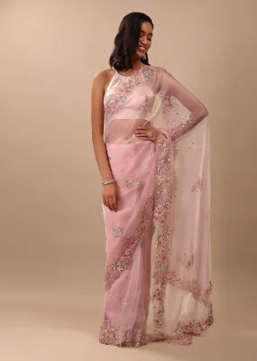 Blush Pink Saree In Glass Tissue With 3D Floral Embroidery In Moti, Sequin & Cut Dana