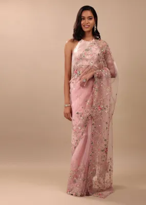 Blush Pink Saree In Organza With Floral & Mirror Embroidery