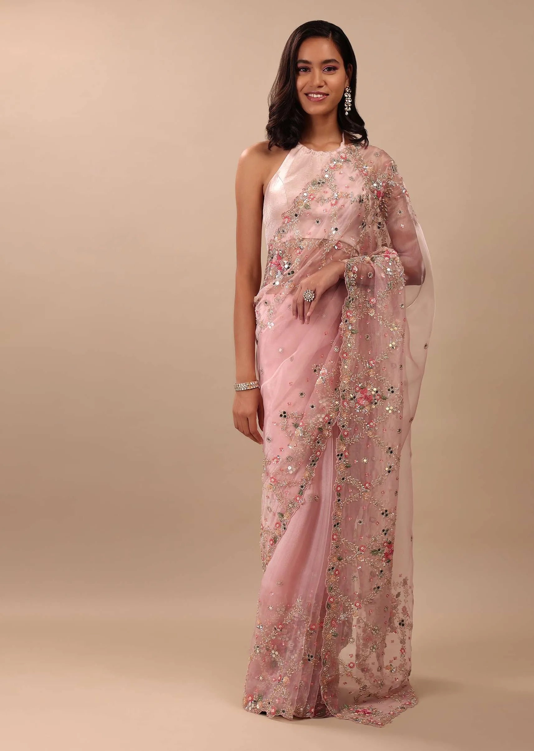 Blush Pink Saree In Organza With Floral & Mirror Embroidery