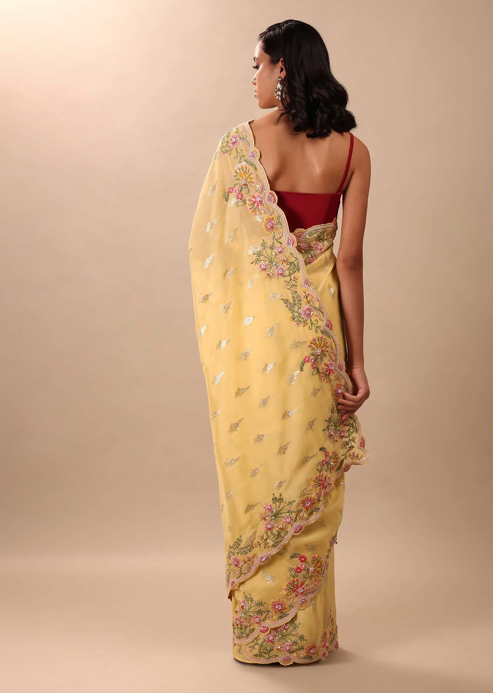 Canary Yellow Organza Saree With Brocade Buttis And Floral Embroidery In Zardosi