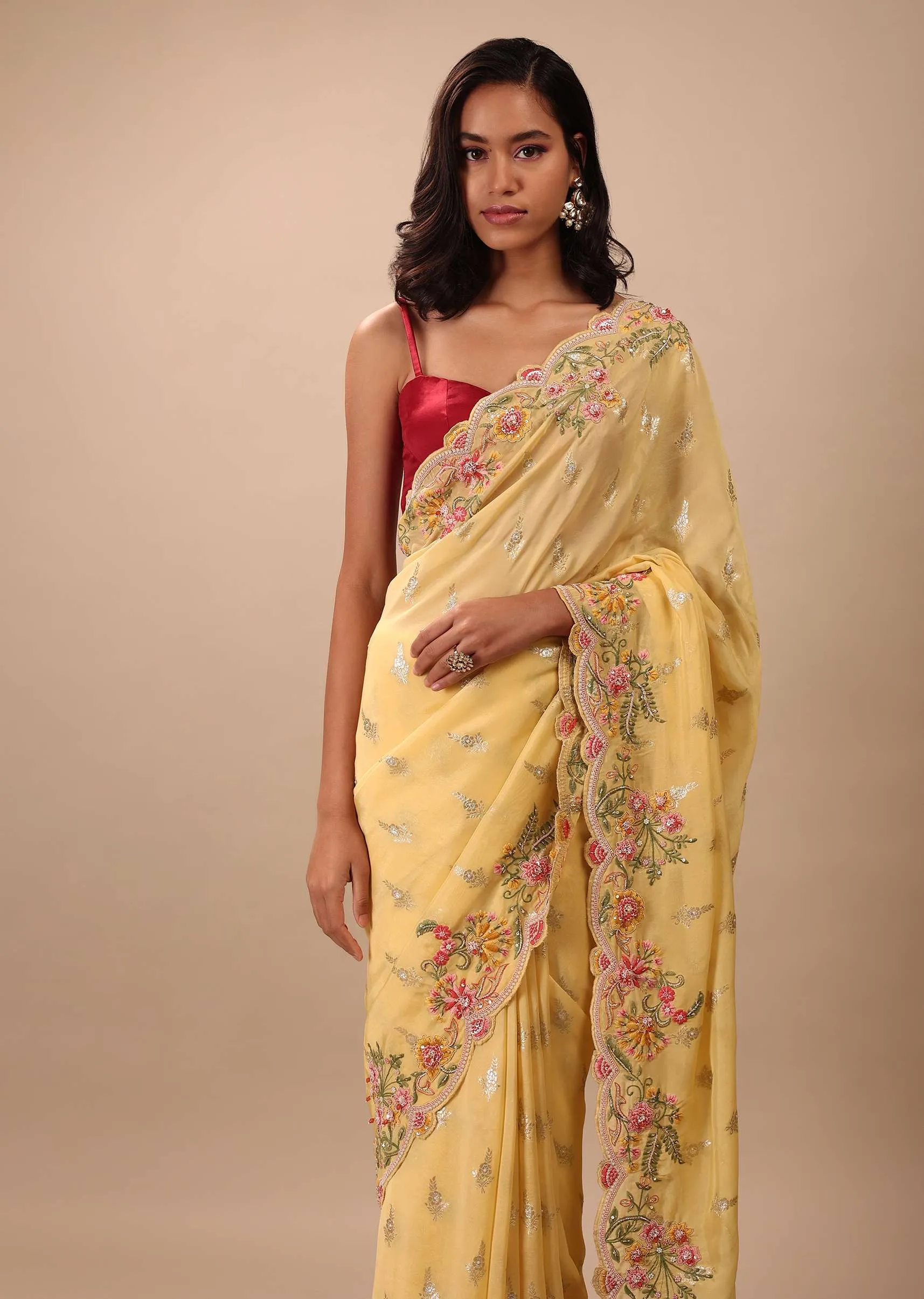 Canary Yellow Organza Saree With Brocade Buttis And Floral Embroidery In Zardosi