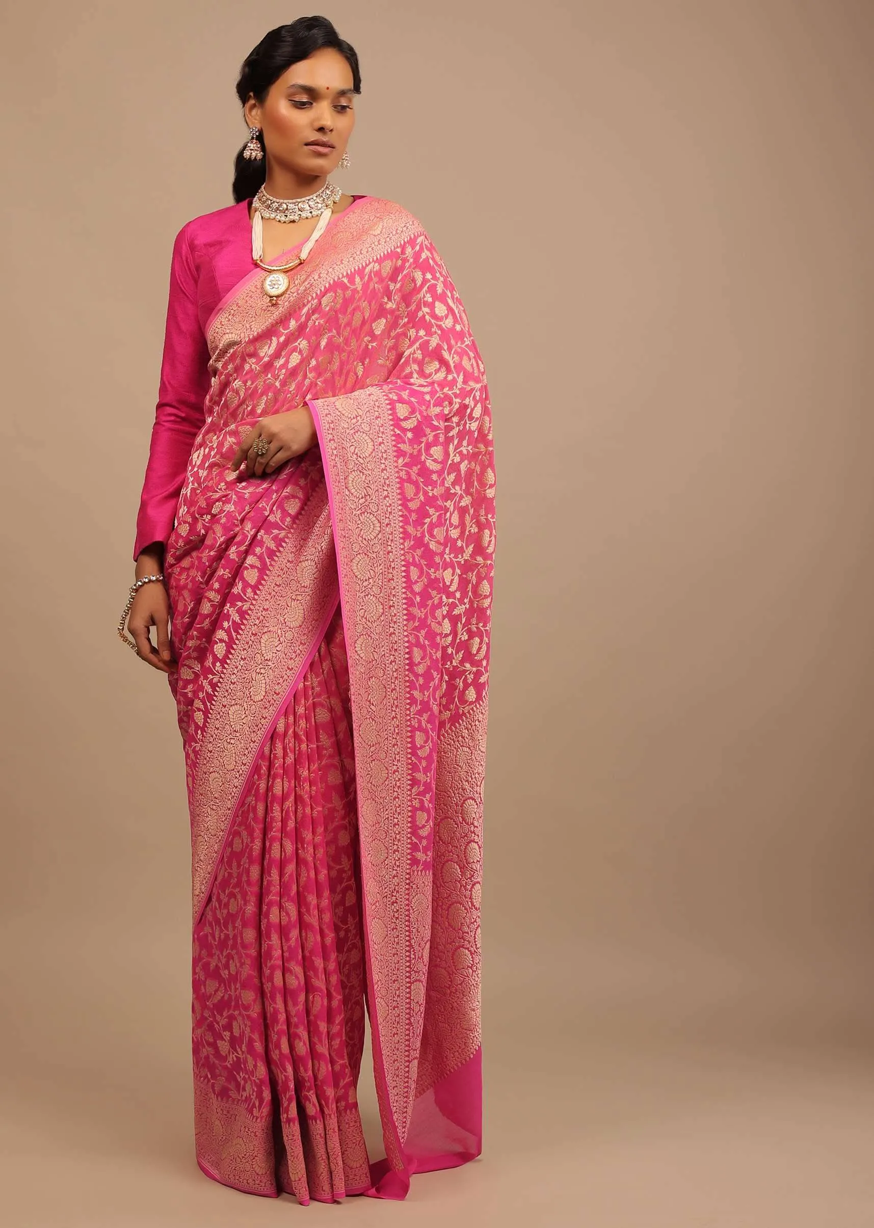 Cherry Pink Traditional Saree With Woven Jaal Made In Georgette