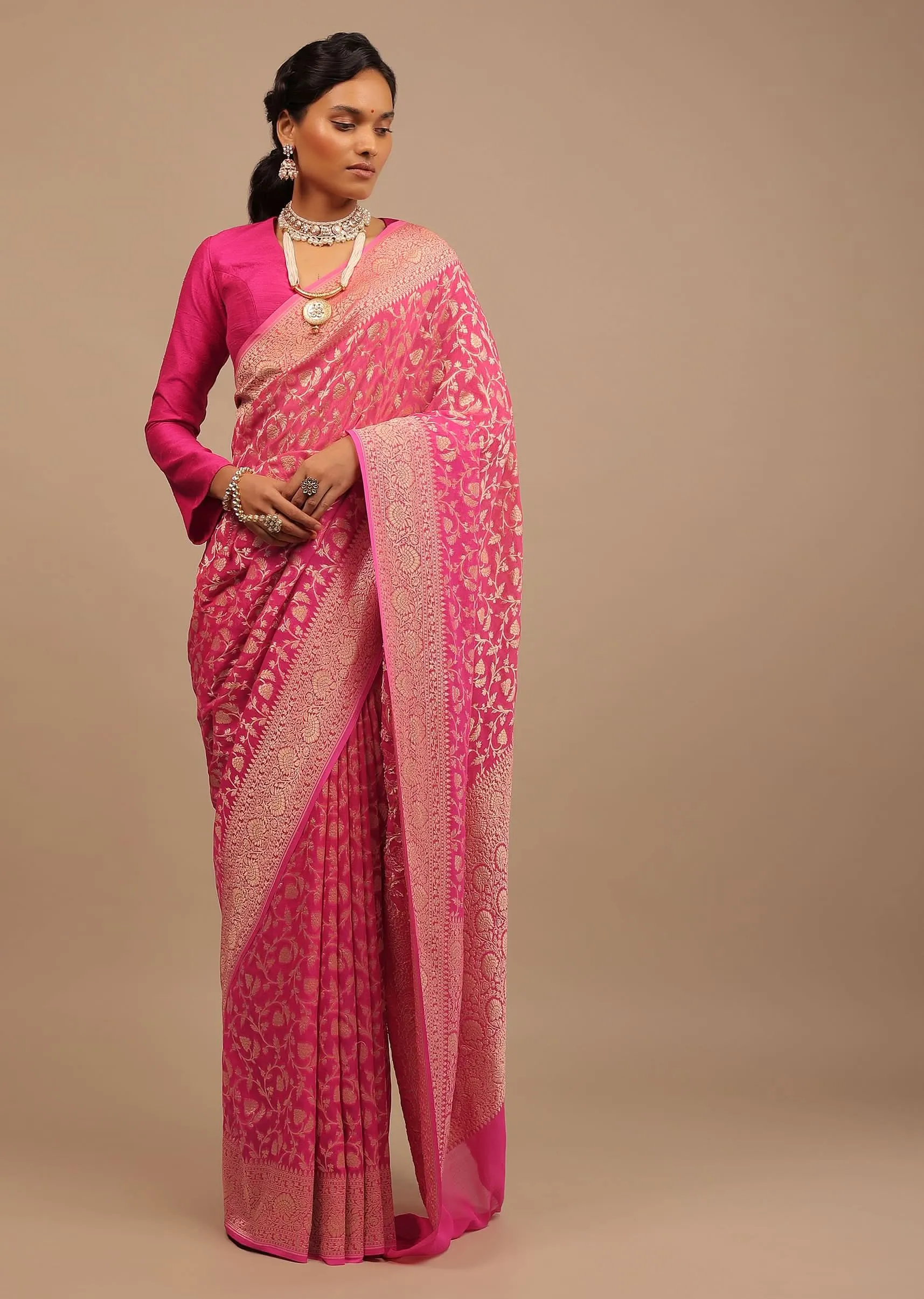 Cherry Pink Traditional Saree With Woven Jaal Made In Georgette