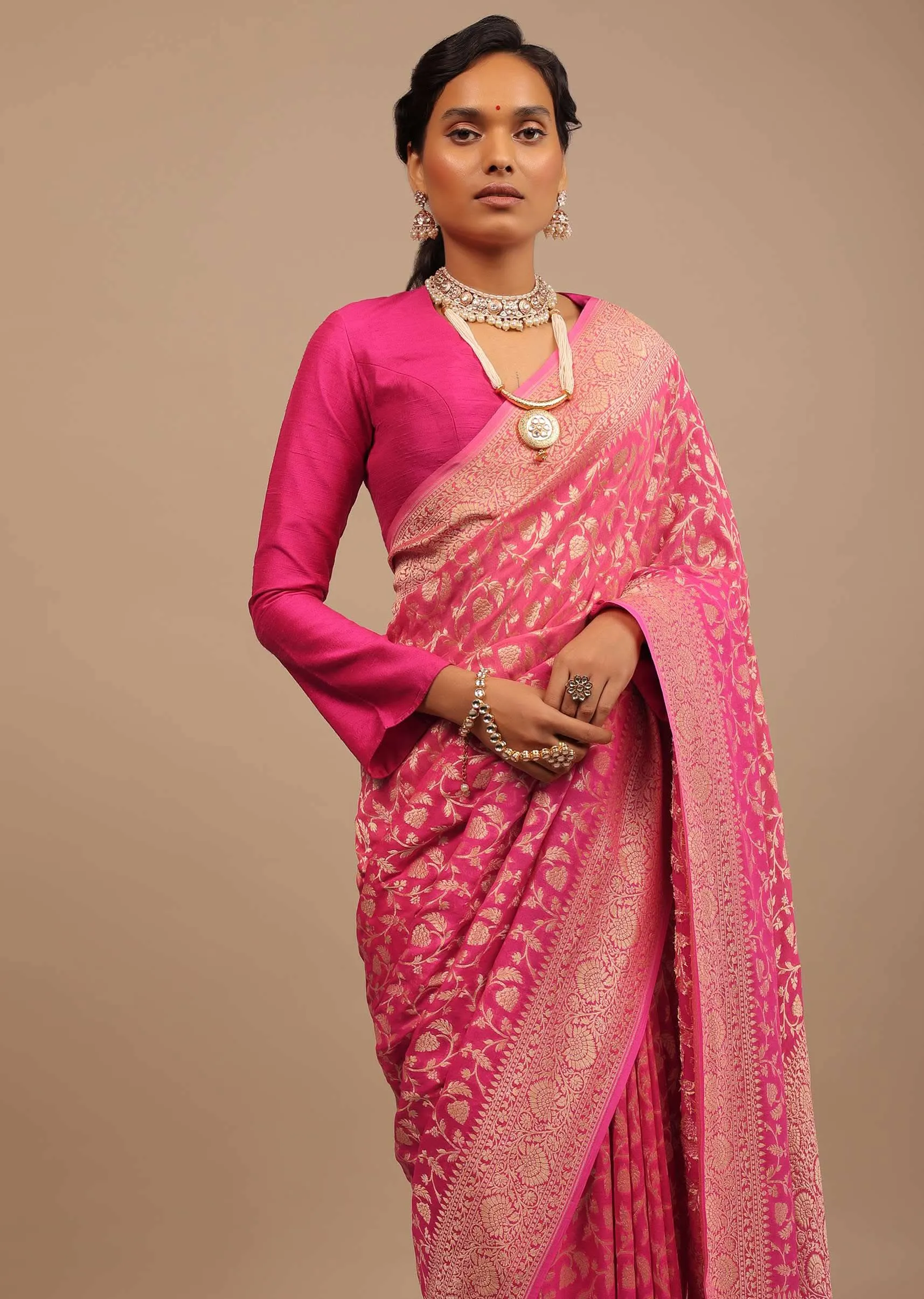 Cherry Pink Traditional Saree With Woven Jaal Made In Georgette