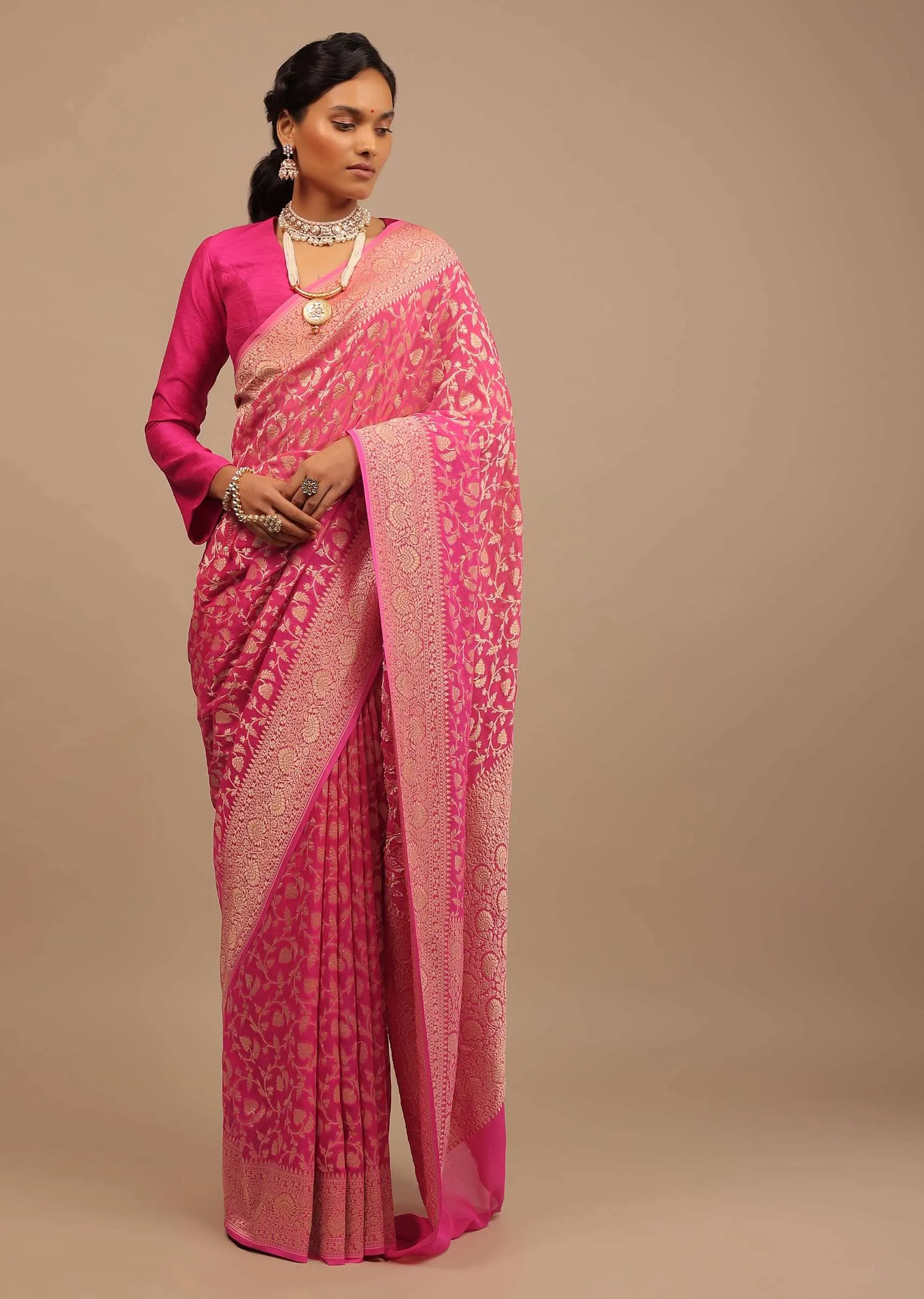 Cherry Pink Traditional Saree With Woven Jaal Made In Georgette