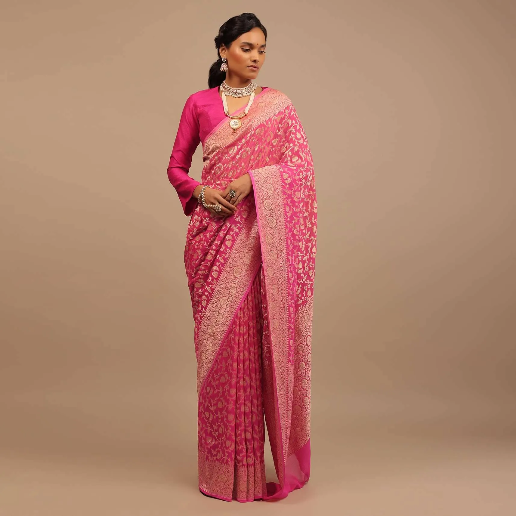 Cherry Pink Traditional Saree With Woven Jaal Made In Georgette