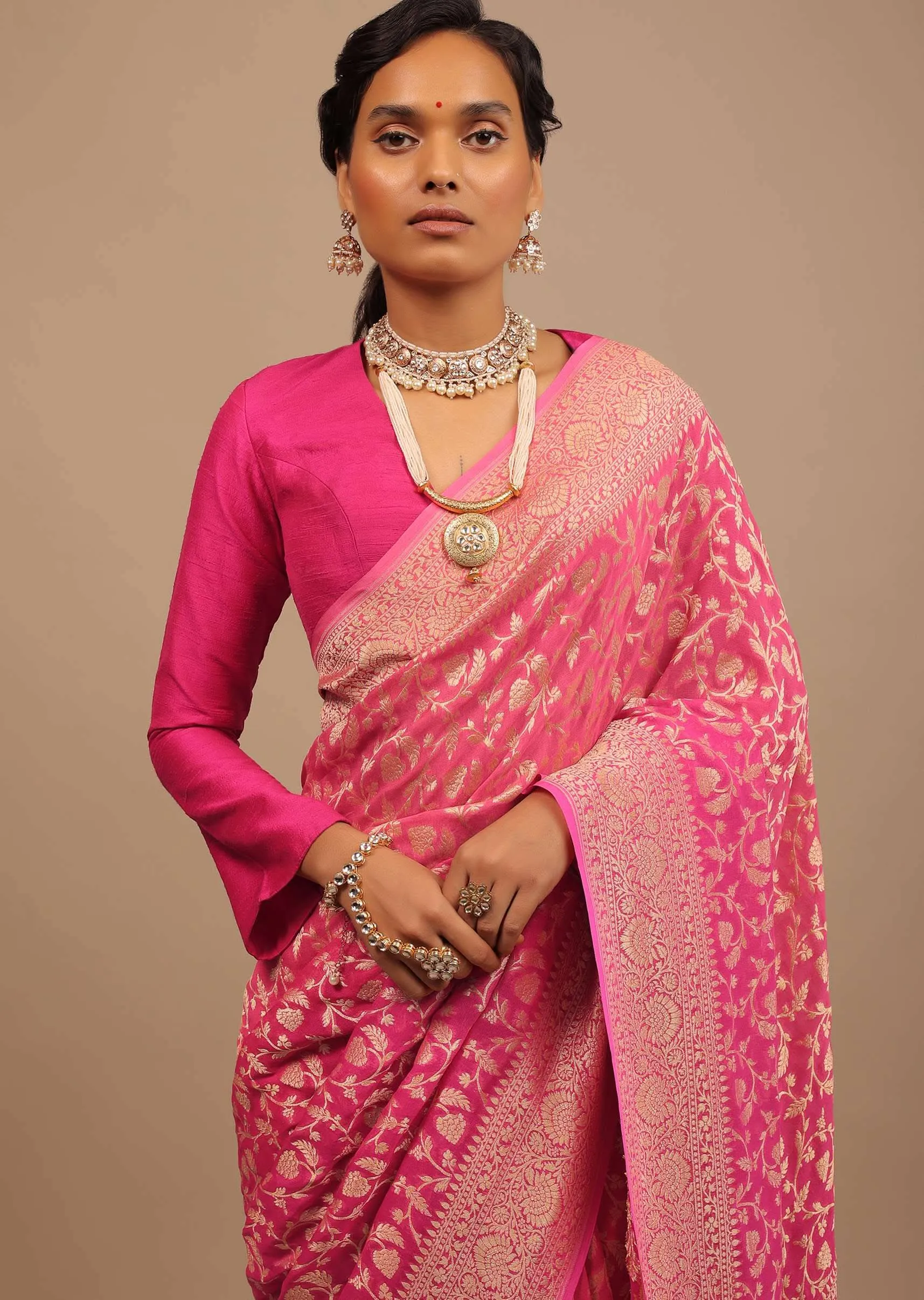 Cherry Pink Traditional Saree With Woven Jaal Made In Georgette