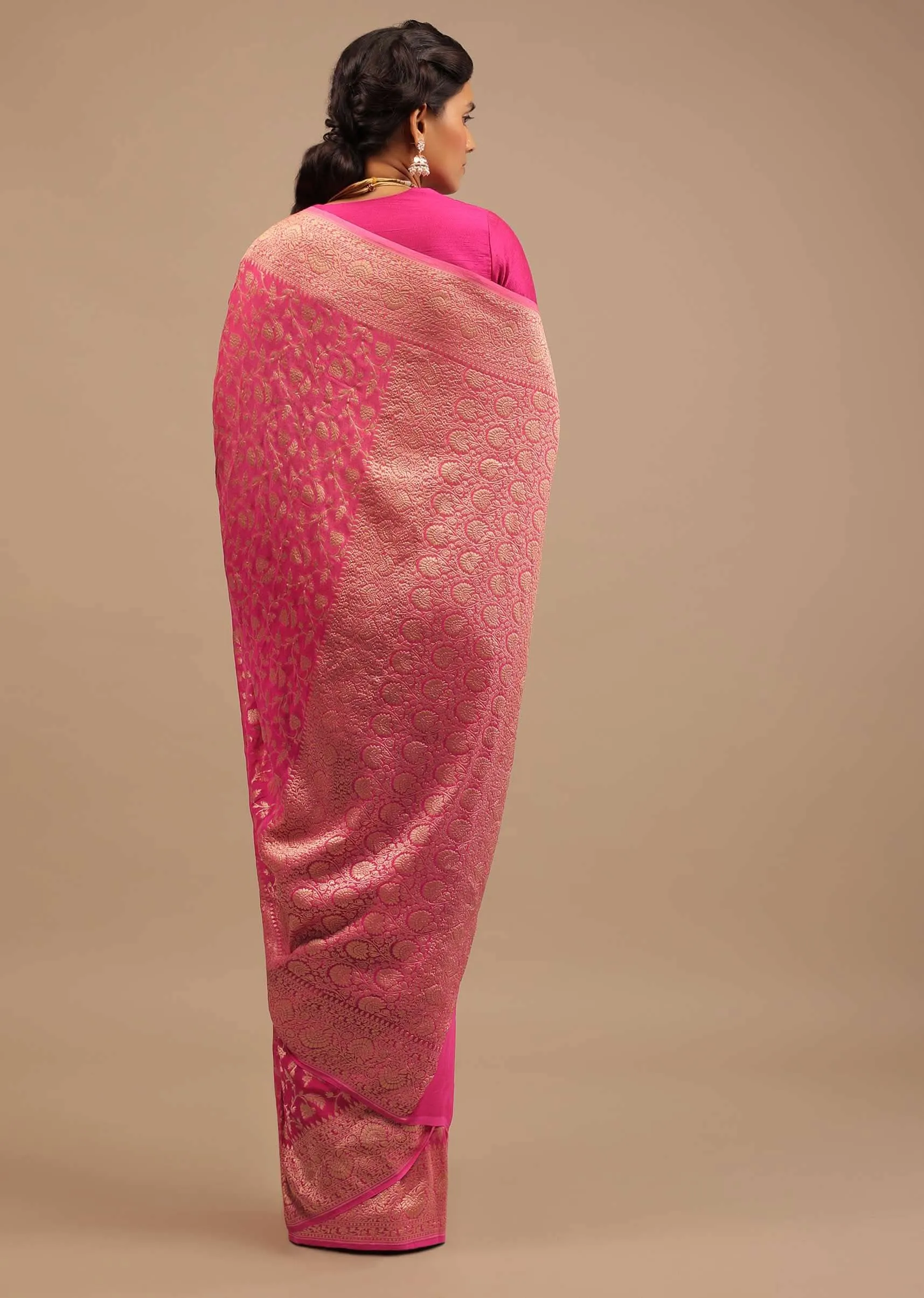 Cherry Pink Traditional Saree With Woven Jaal Made In Georgette