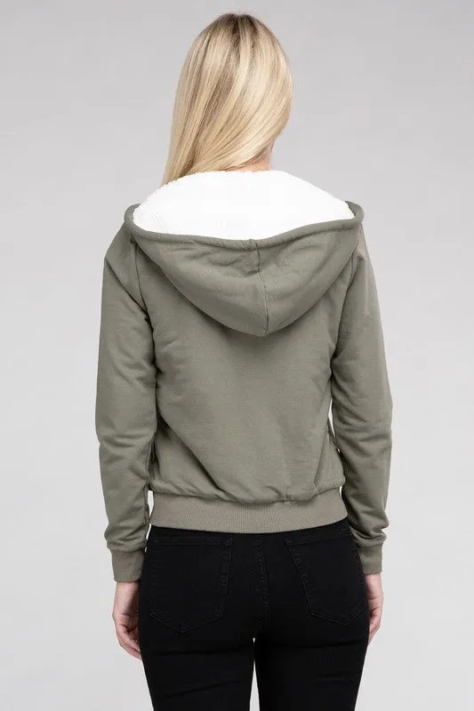 Cropped Fuzzy-Lined Zip-Up Hoodie with Long Sleeves