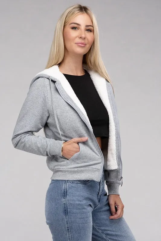 Cropped Fuzzy-Lined Zip-Up Hoodie with Long Sleeves