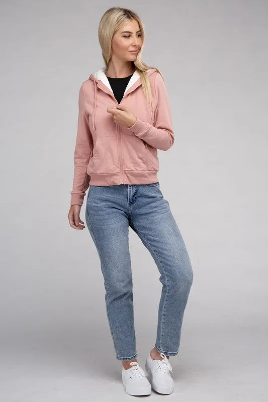 Cropped Fuzzy-Lined Zip-Up Hoodie with Long Sleeves