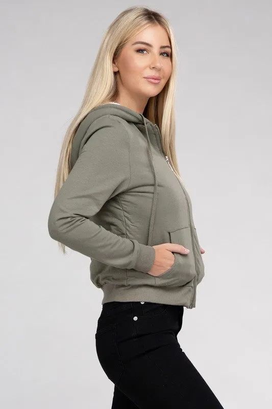 Cropped Fuzzy-Lined Zip-Up Hoodie with Long Sleeves