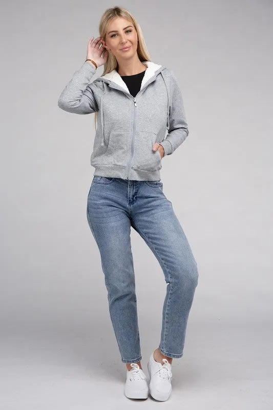 Cropped Fuzzy-Lined Zip-Up Hoodie with Long Sleeves