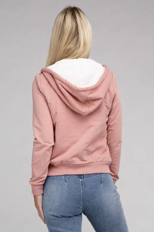 Cropped Fuzzy-Lined Zip-Up Hoodie with Long Sleeves