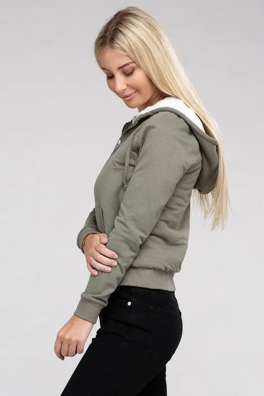 Cropped Fuzzy-Lined Zip-Up Hoodie with Long Sleeves