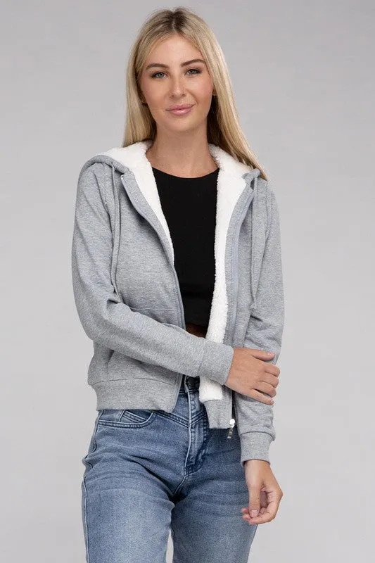 Cropped Fuzzy-Lined Zip-Up Hoodie with Long Sleeves