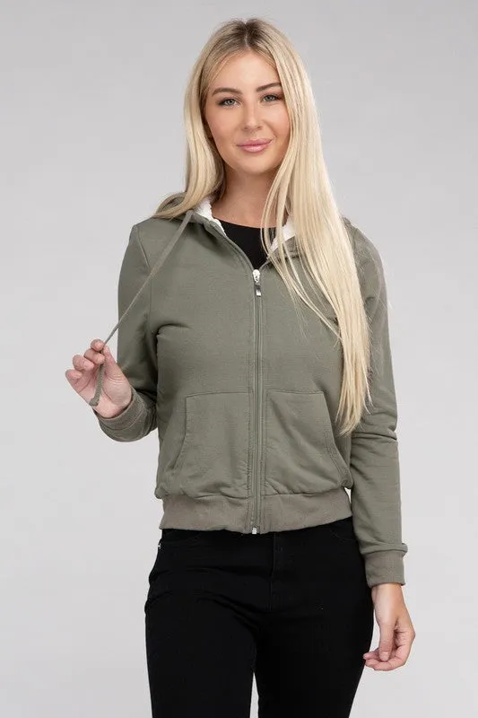 Cropped Fuzzy-Lined Zip-Up Hoodie with Long Sleeves