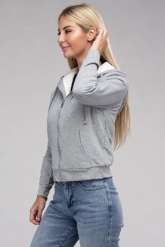 Cropped Fuzzy-Lined Zip-Up Hoodie with Long Sleeves