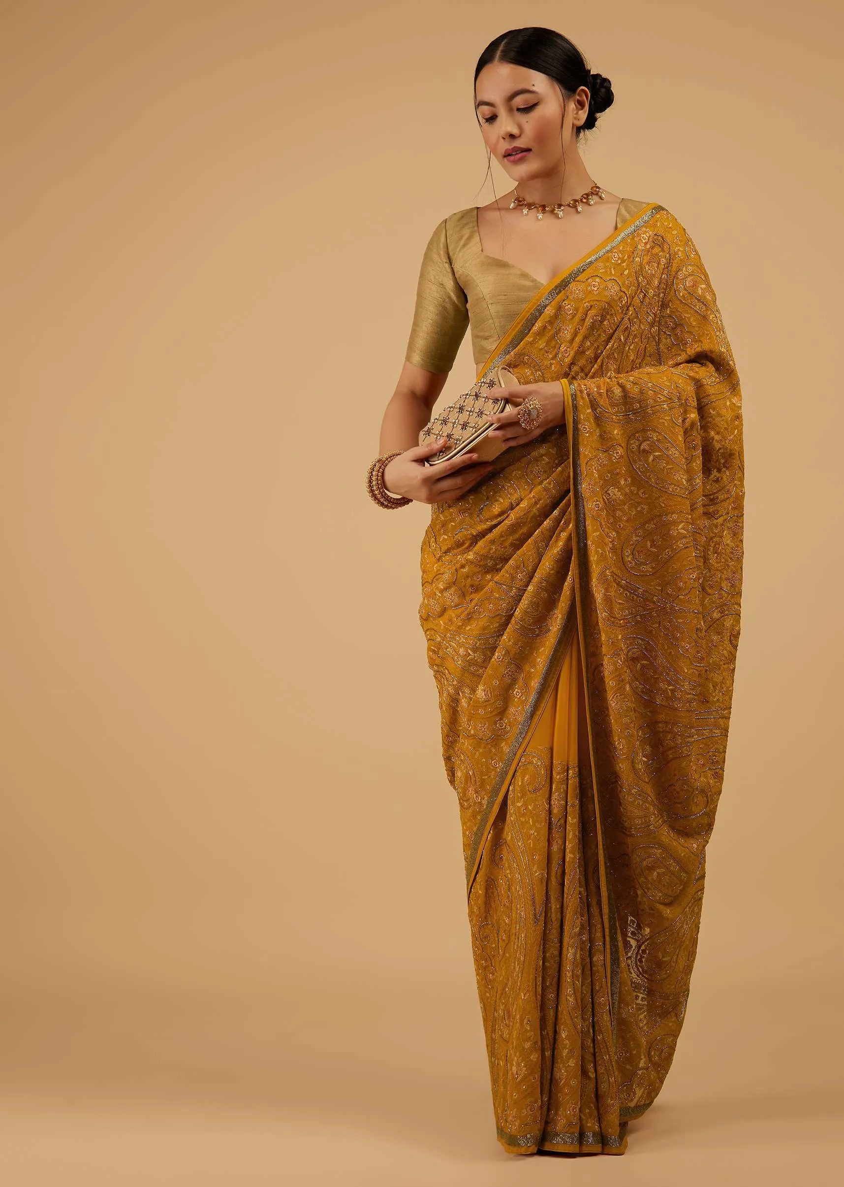 Festive Ocher Yellow Saree Kashmiri Embroidered In Georgette