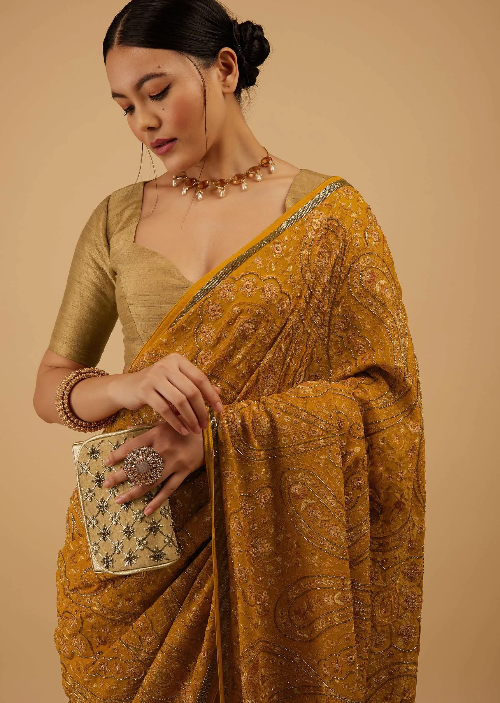 Festive Ocher Yellow Saree Kashmiri Embroidered In Georgette