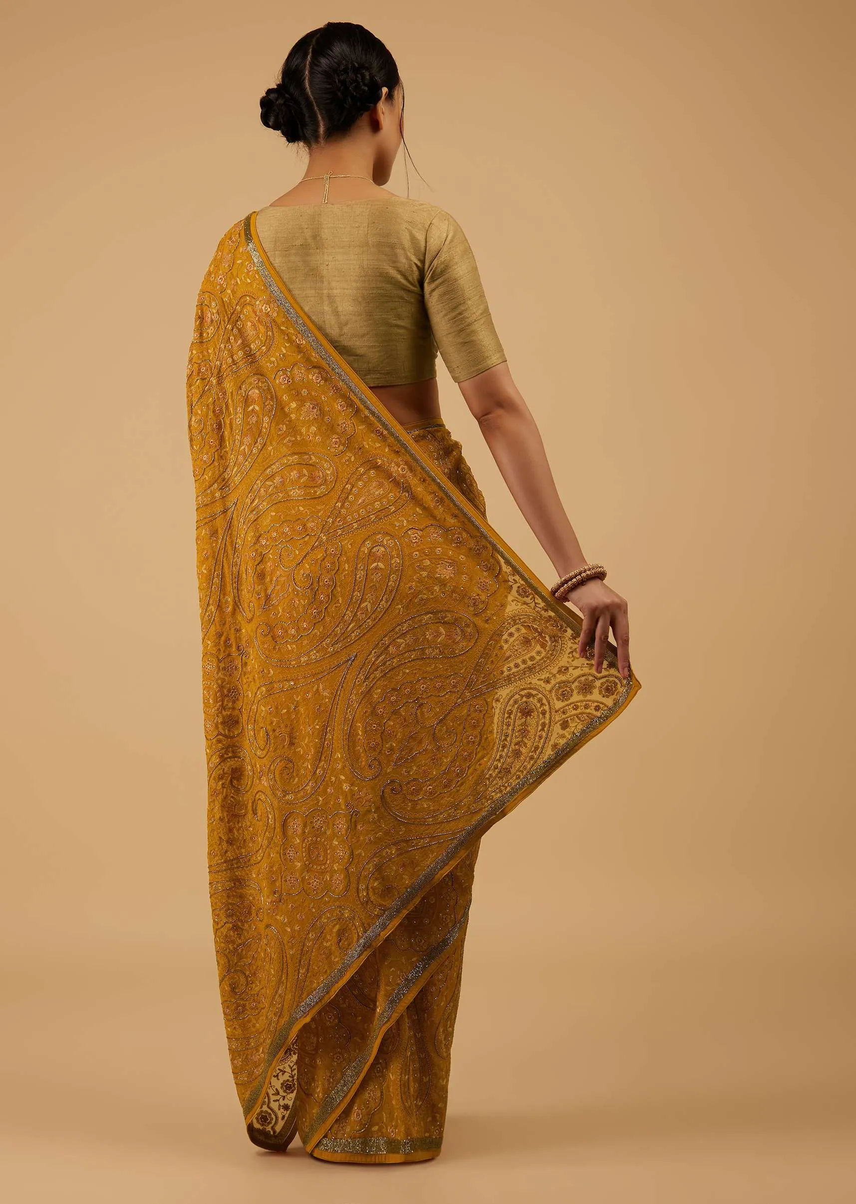 Festive Ocher Yellow Saree Kashmiri Embroidered In Georgette
