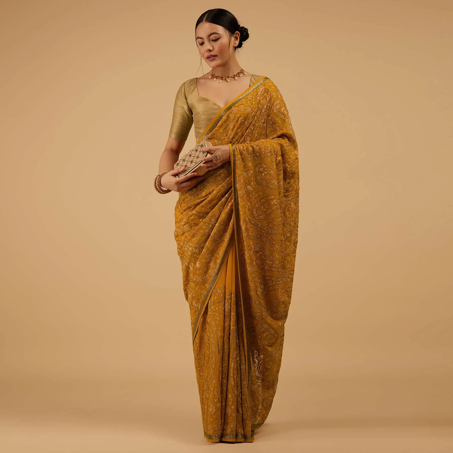 Festive Ocher Yellow Saree Kashmiri Embroidered In Georgette