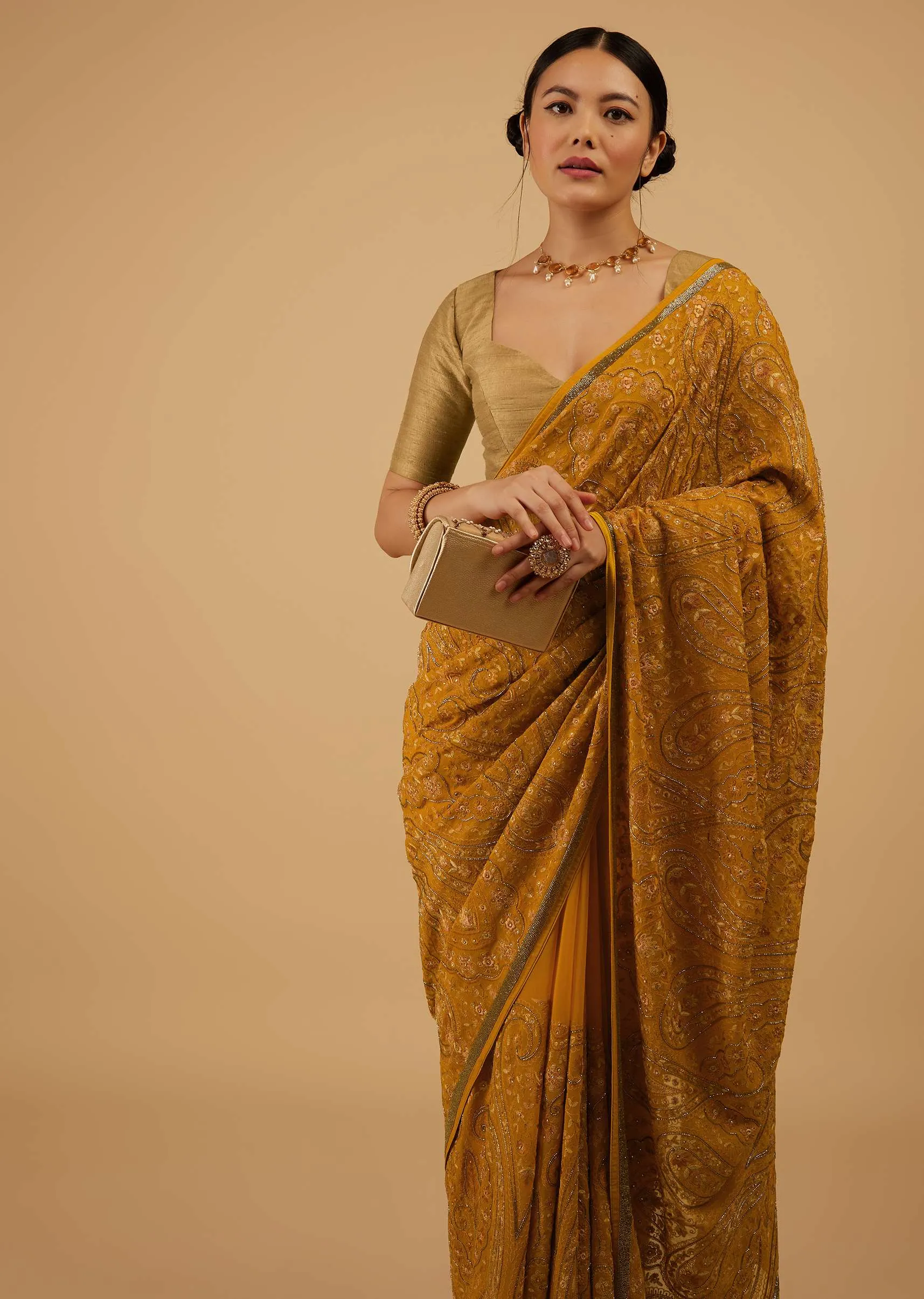 Festive Ocher Yellow Saree Kashmiri Embroidered In Georgette