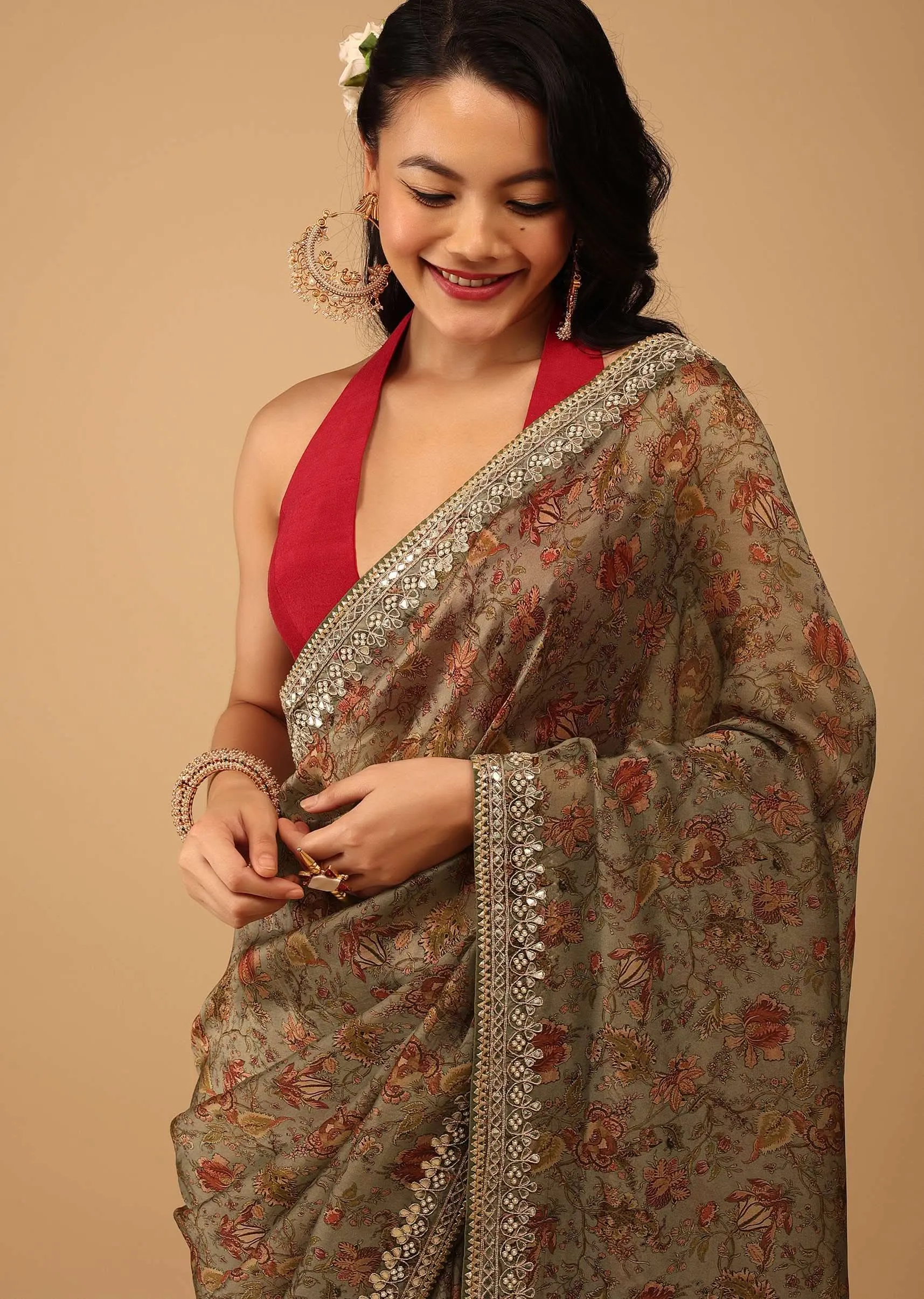 Green Floral Saree In Crepe With Embroidery