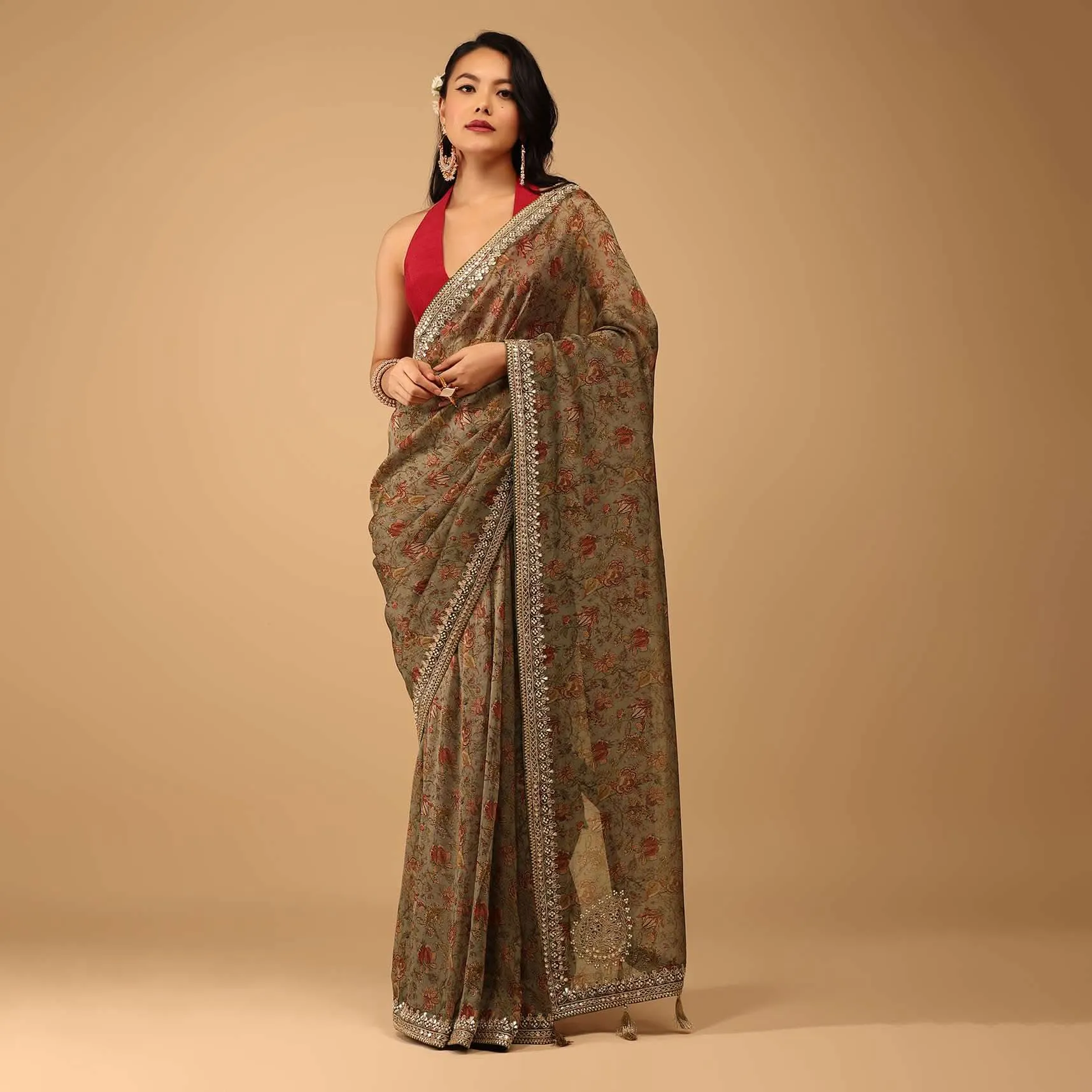 Green Floral Saree In Crepe With Embroidery