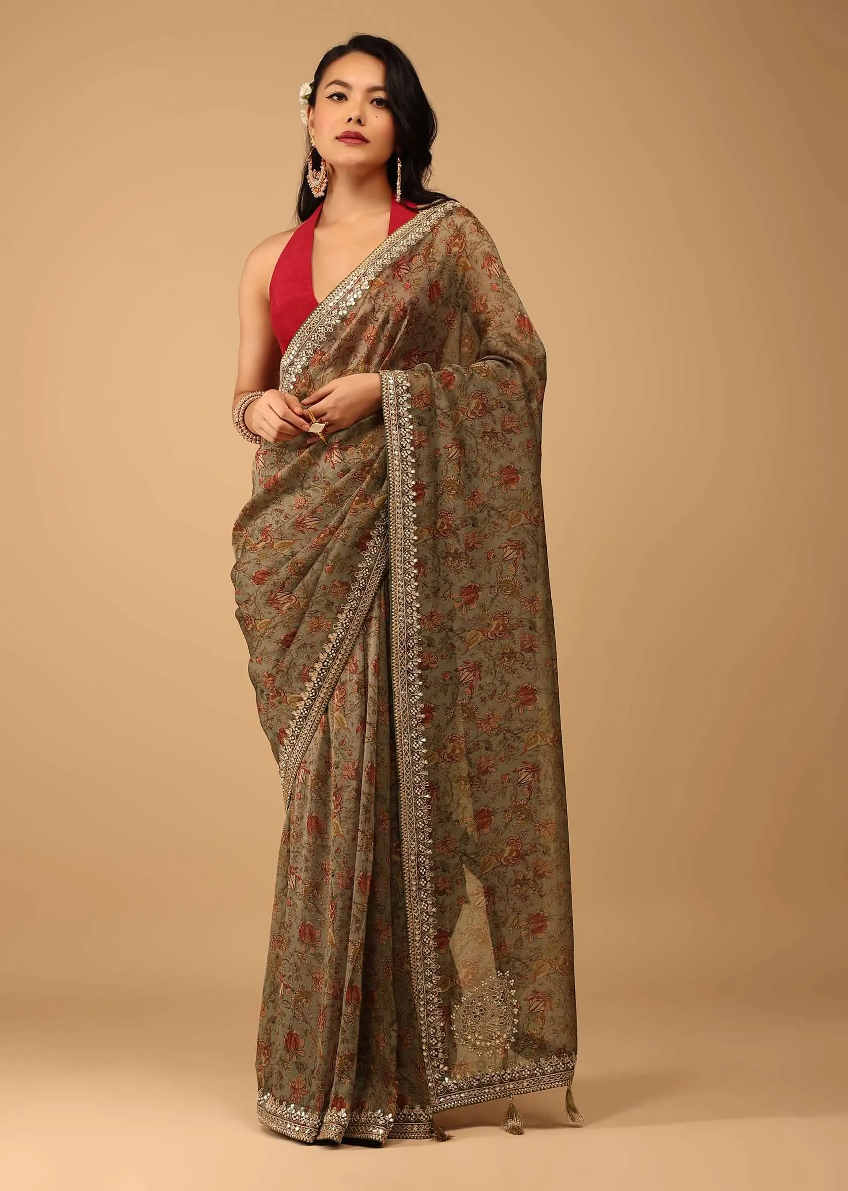 Green Floral Saree In Crepe With Embroidery