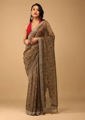 Green Floral Saree In Crepe With Embroidery