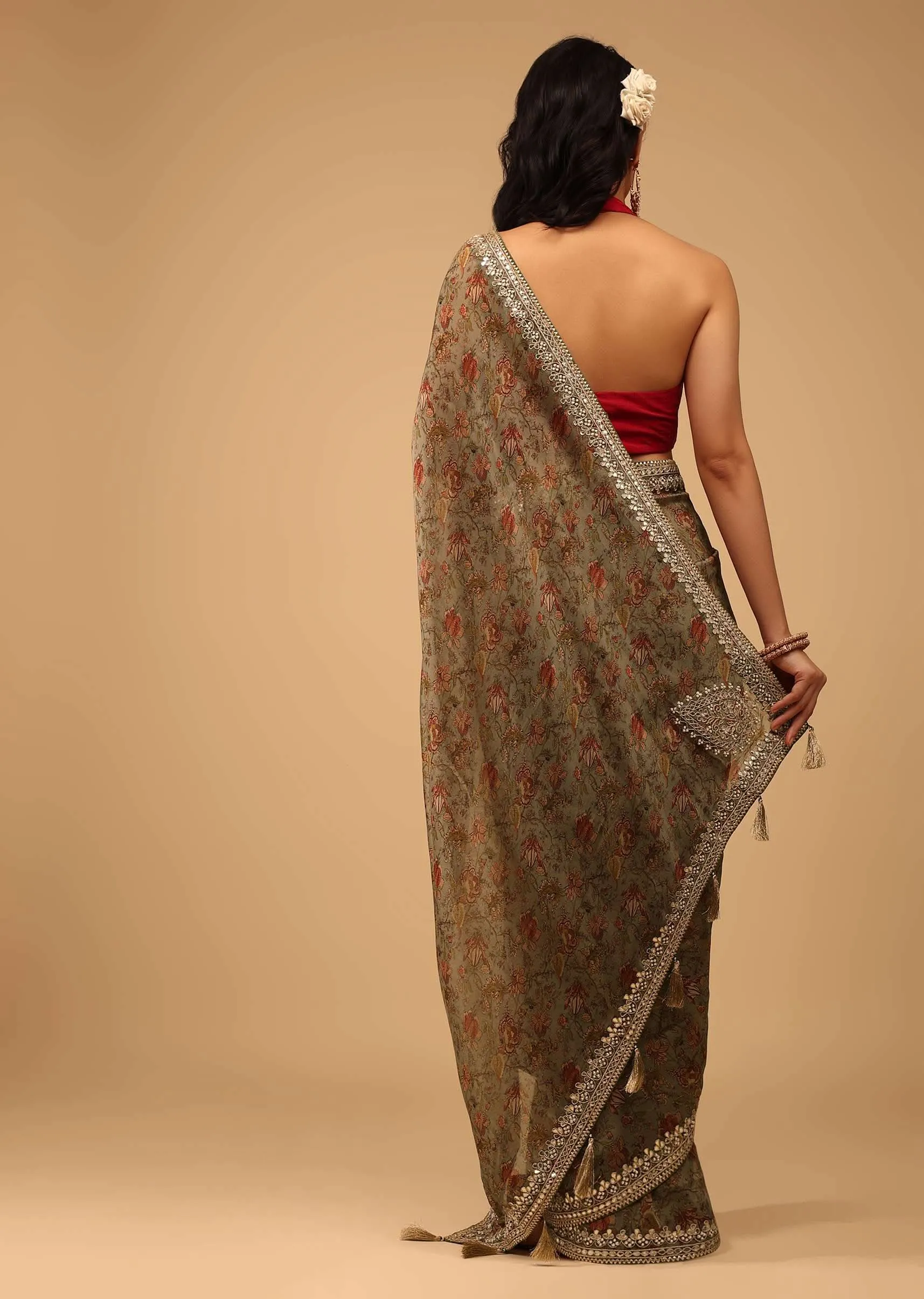 Green Floral Saree In Crepe With Embroidery