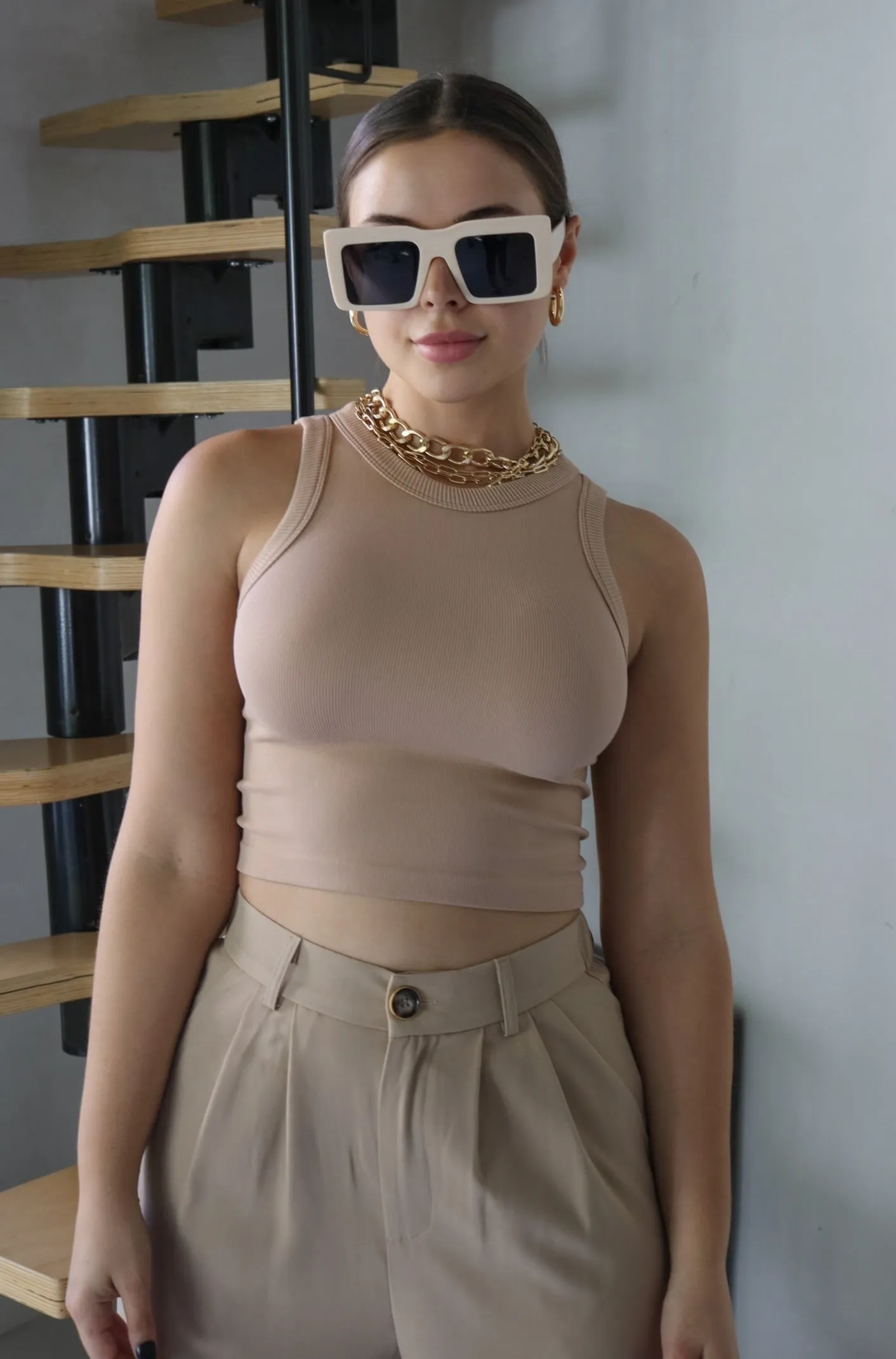 'Kimberly' Ribbed Muscle Tank Top in Nude