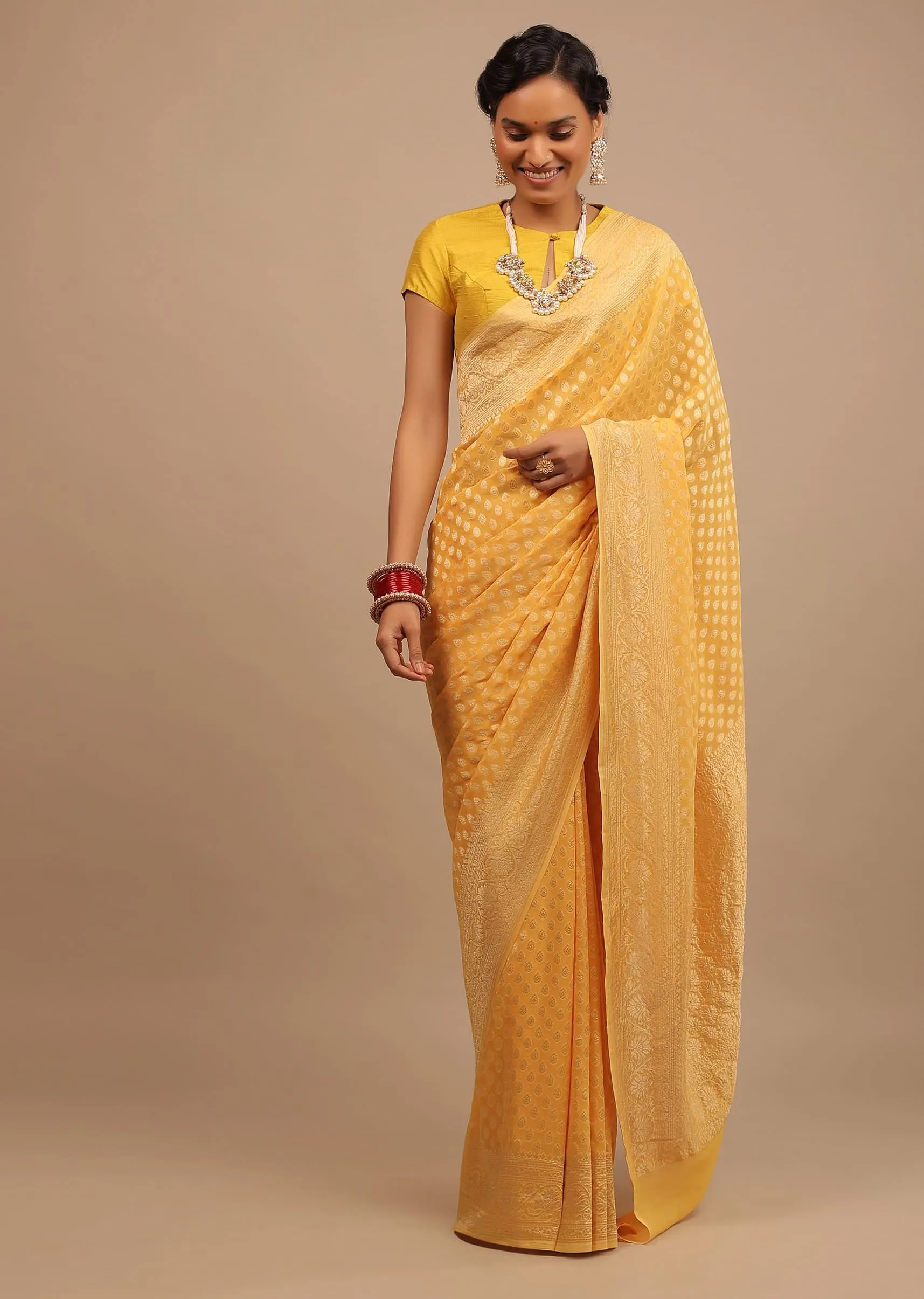 Marigold Yellow Saree With Woven Leaf Jaal Work