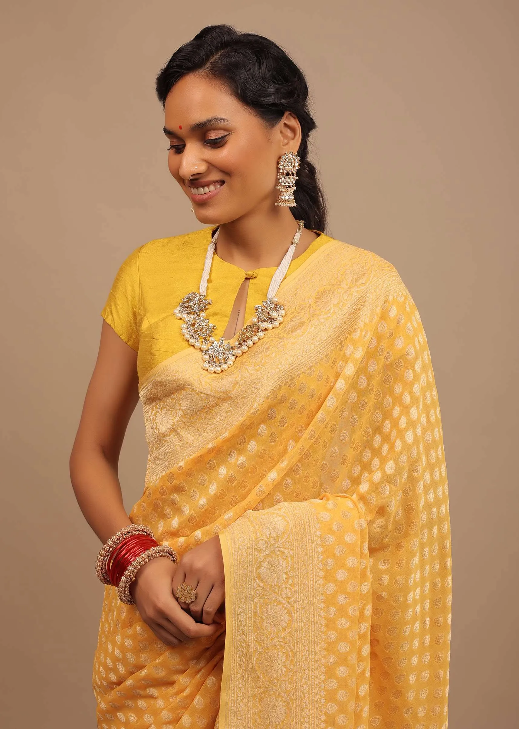 Marigold Yellow Saree With Woven Leaf Jaal Work