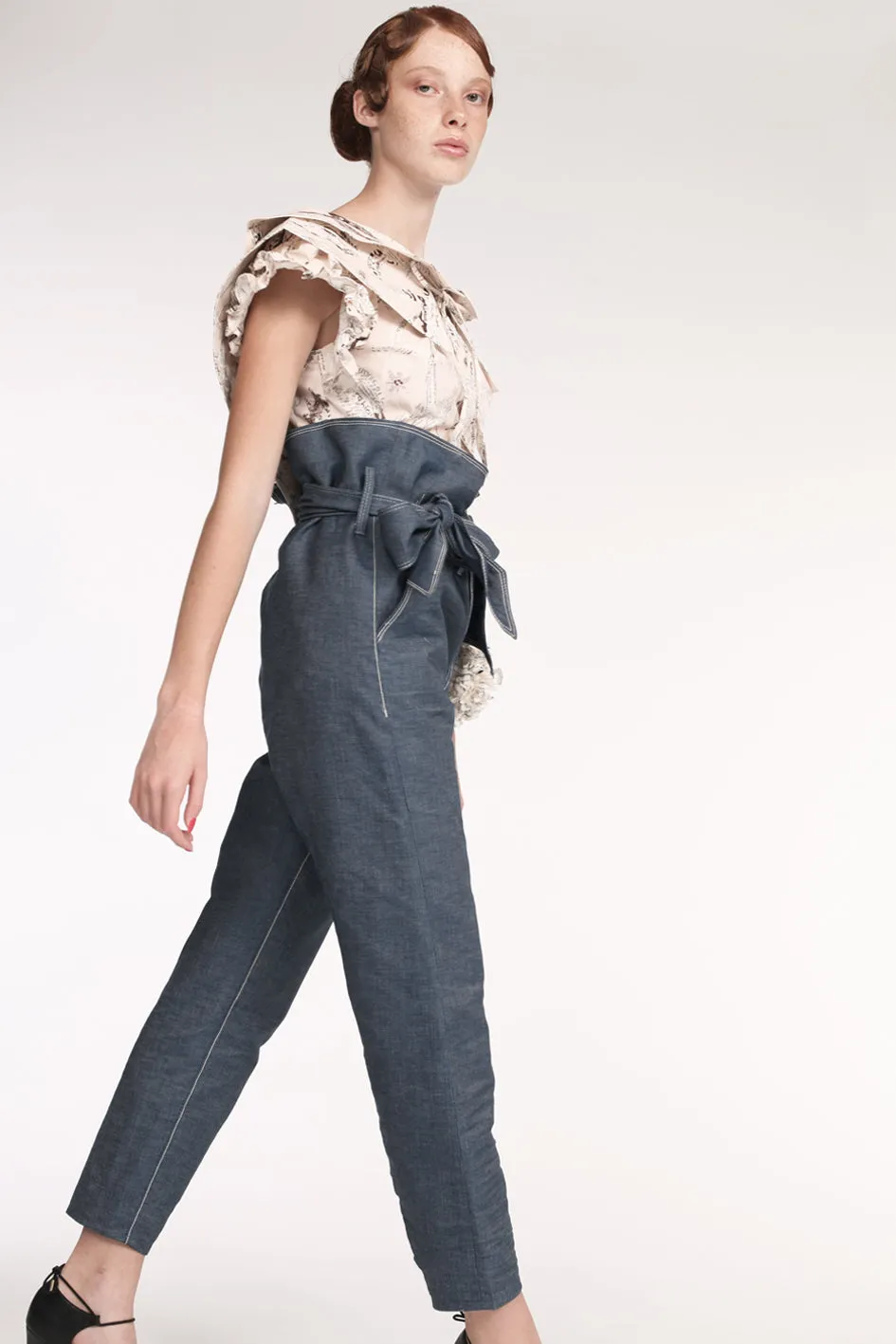 Navy Asymmetric High-Waisted Denim Trousers  Sculptural Fit