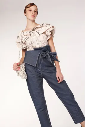 Navy Asymmetric High-Waisted Denim Trousers  Sculptural Fit