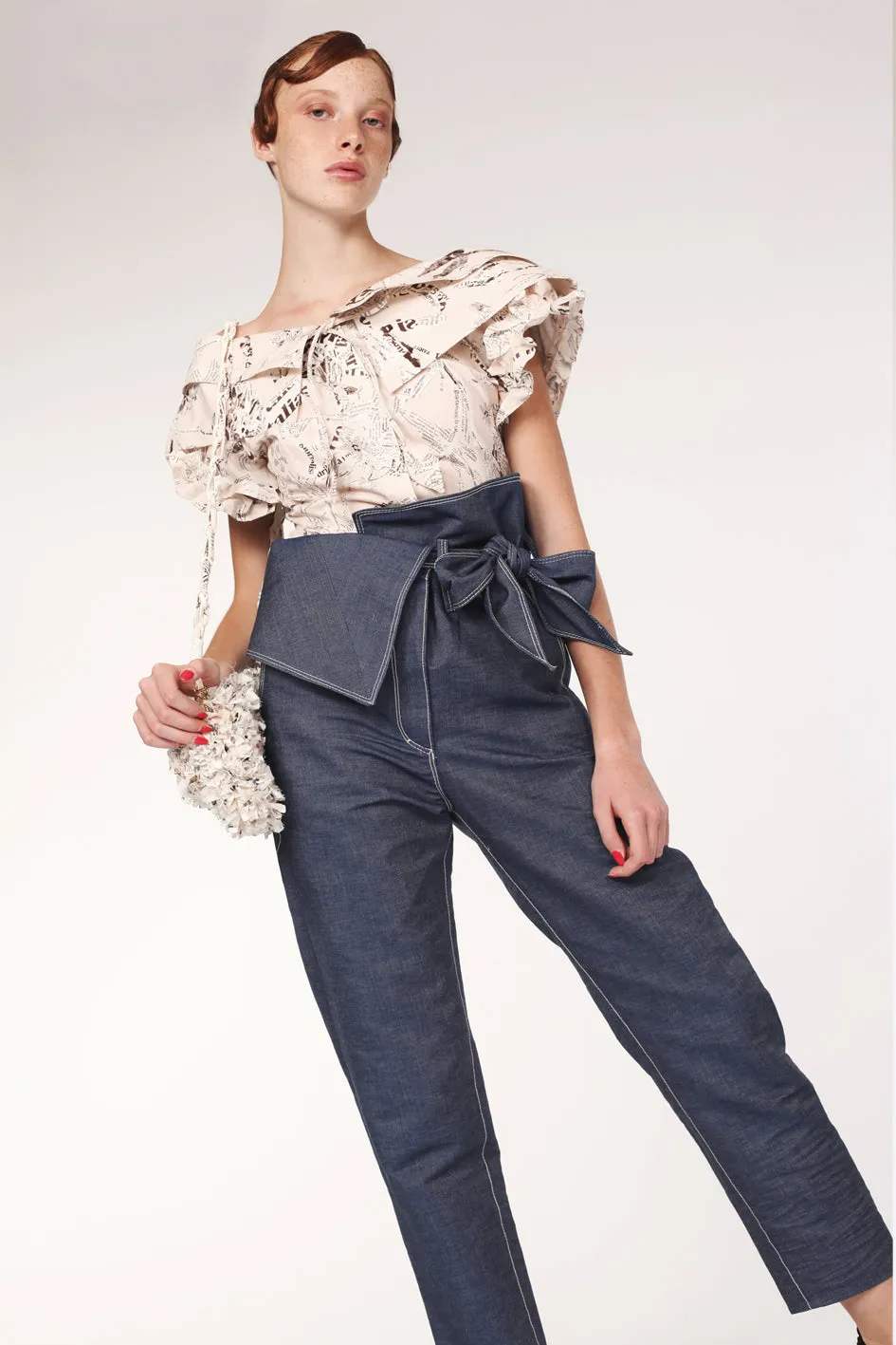 Navy Asymmetric High-Waisted Denim Trousers  Sculptural Fit