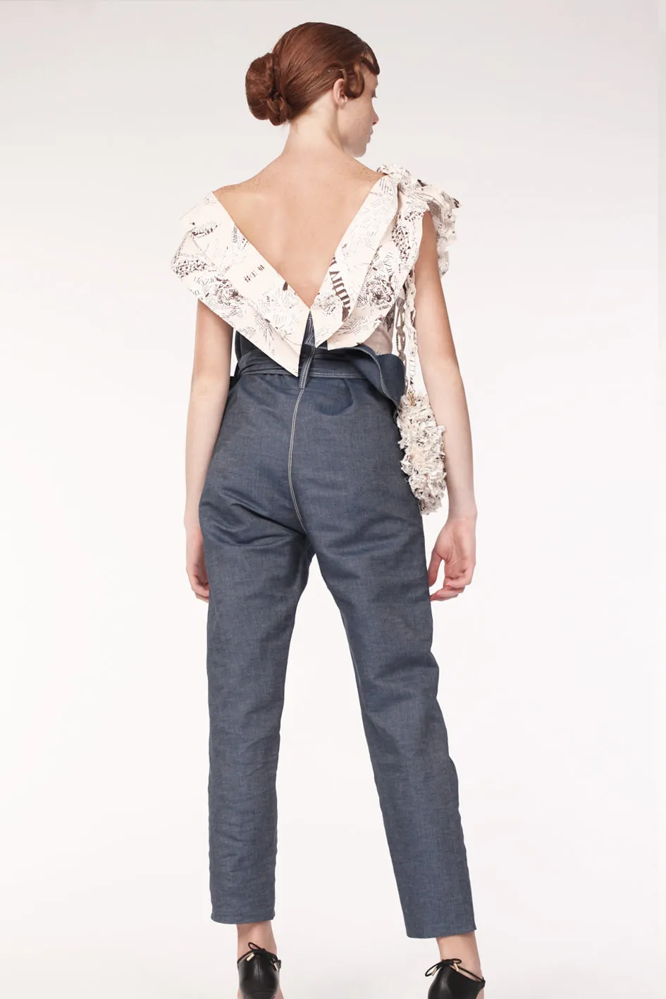 Navy Asymmetric High-Waisted Denim Trousers  Sculptural Fit